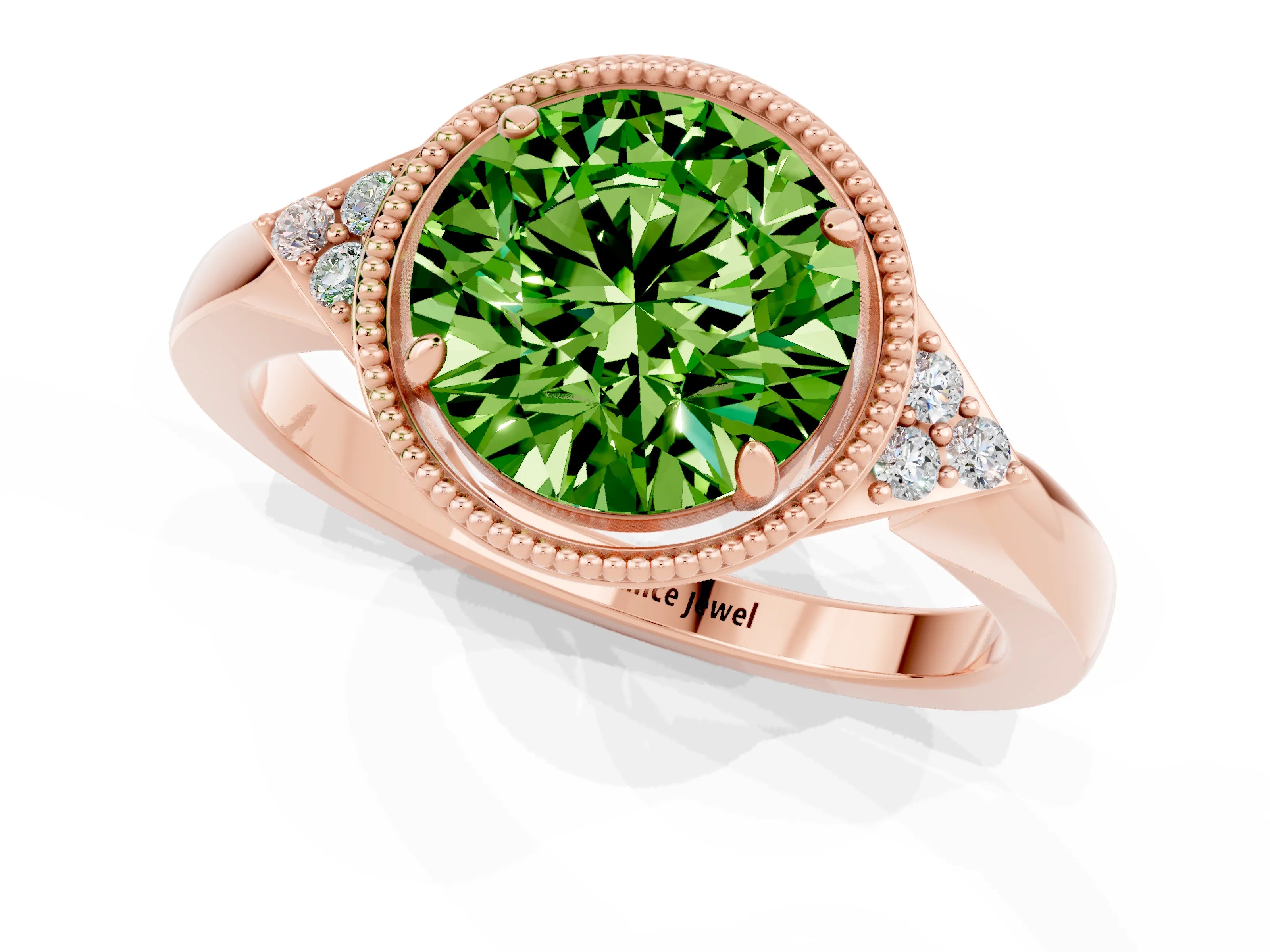 Rose gold Round Cut Peridot Halo Ring with Tapered Band and Four-Prong Setting_1