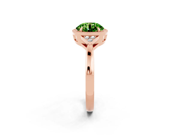 Rose gold Round Cut Peridot Halo Ring with Tapered Band and Four-Prong Setting