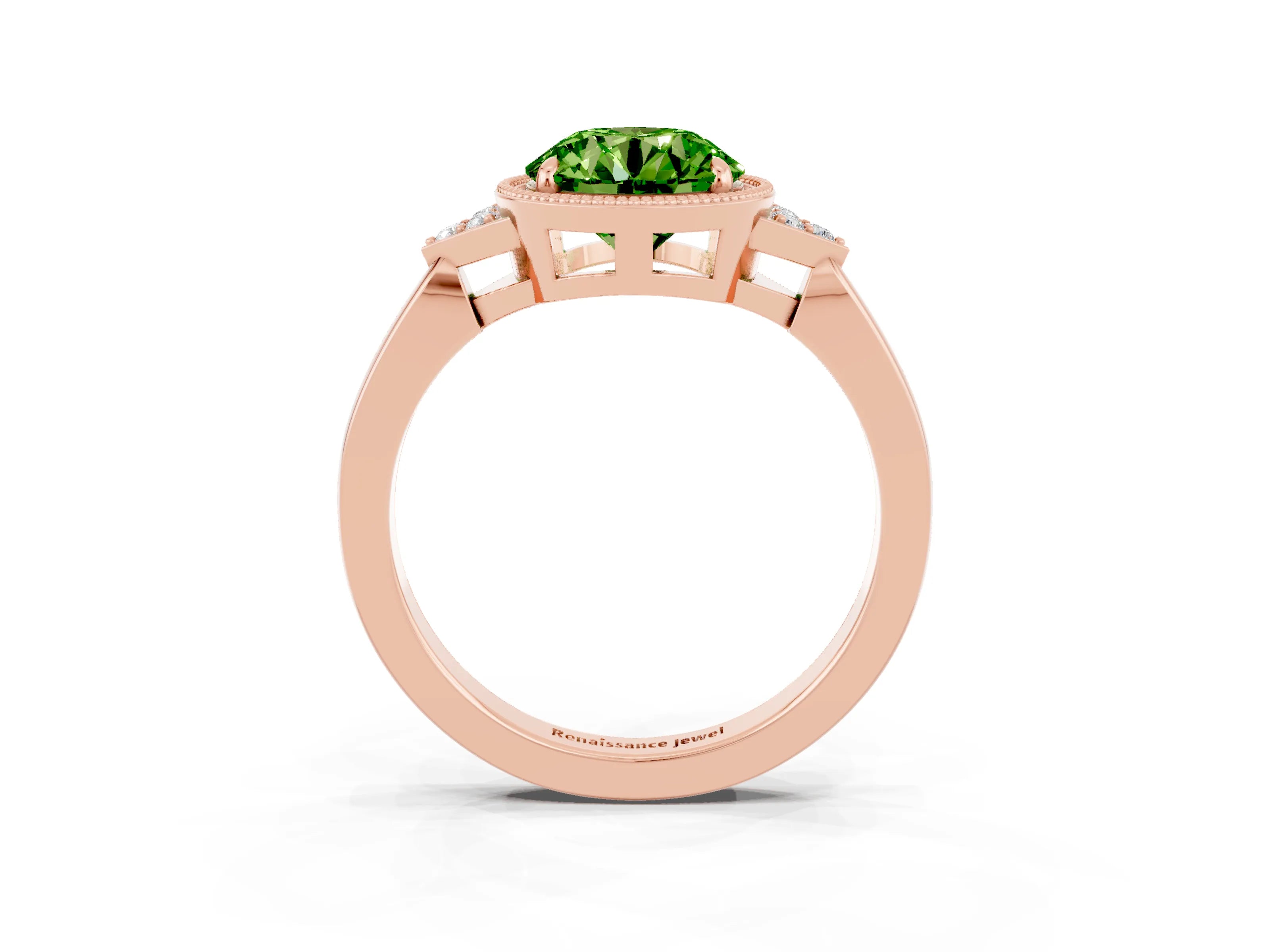 Rose gold Round Cut Peridot Halo Ring with Tapered Band and Four-Prong Setting_3