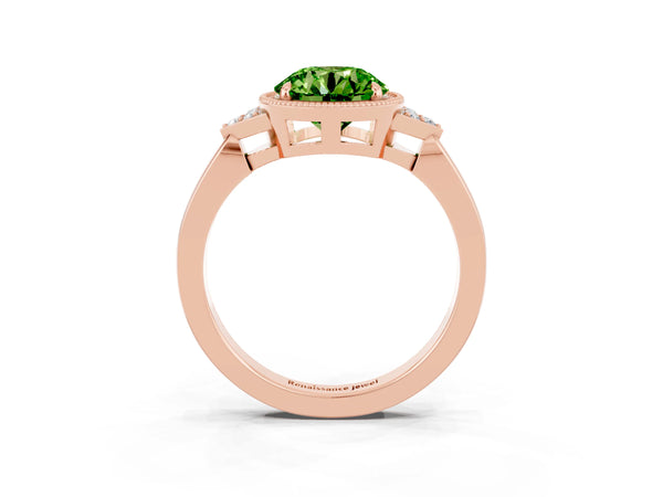 Rose gold Round Cut Peridot Halo Ring with Tapered Band and Four-Prong Setting