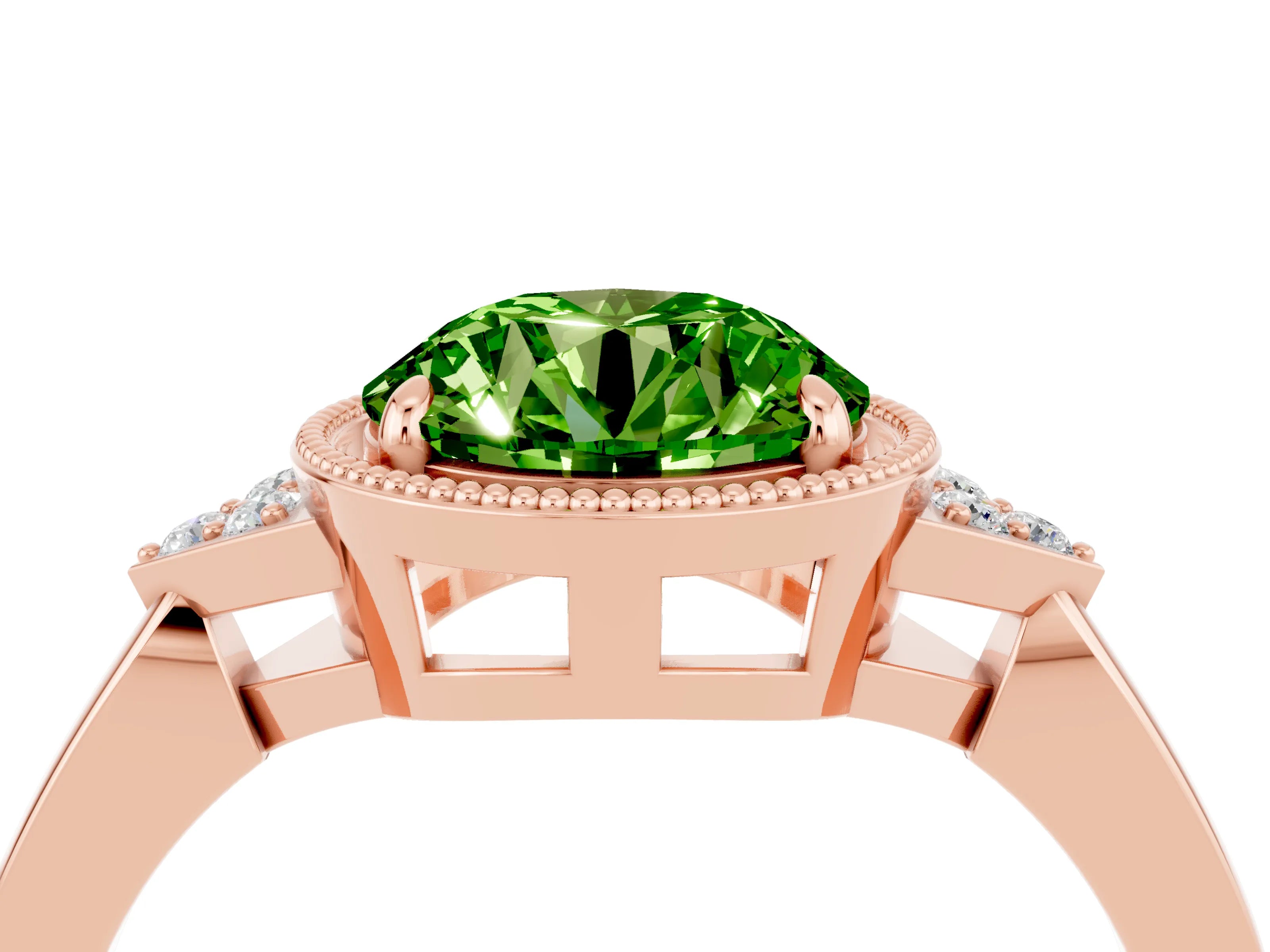 Rose gold Round Cut Peridot Halo Ring with Tapered Band and Four-Prong Setting_4