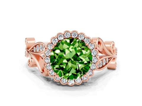 Rose gold Round Cut Peridot Halo Ring with Vintage Split Shank and Four-Prong Setting_33