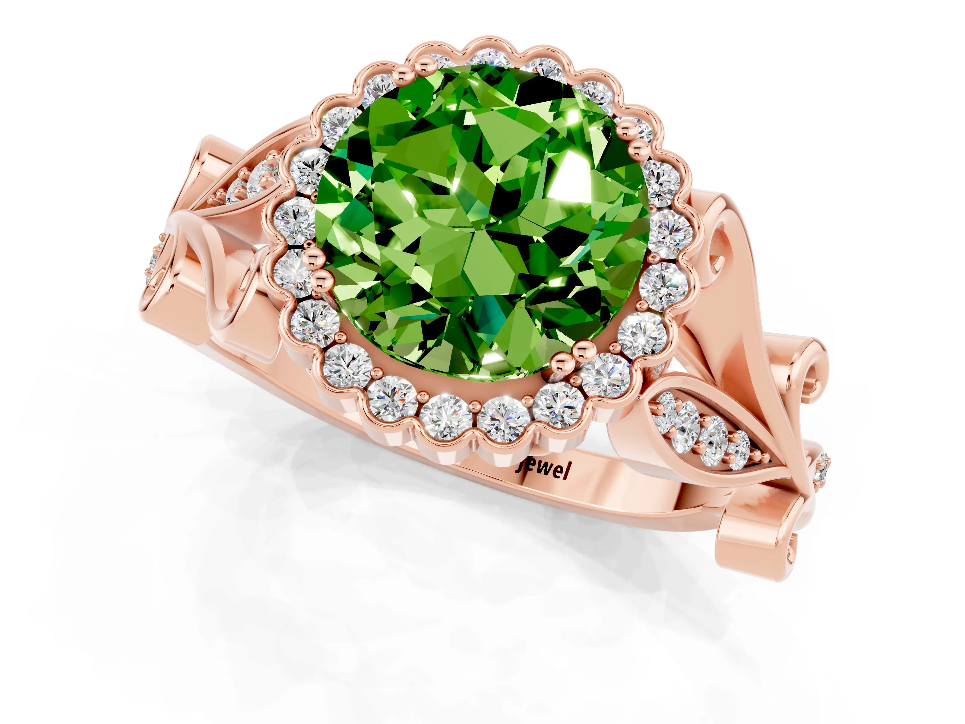 Rose gold Round Cut Peridot Halo Ring with Vintage Split Shank and Four-Prong Setting_34