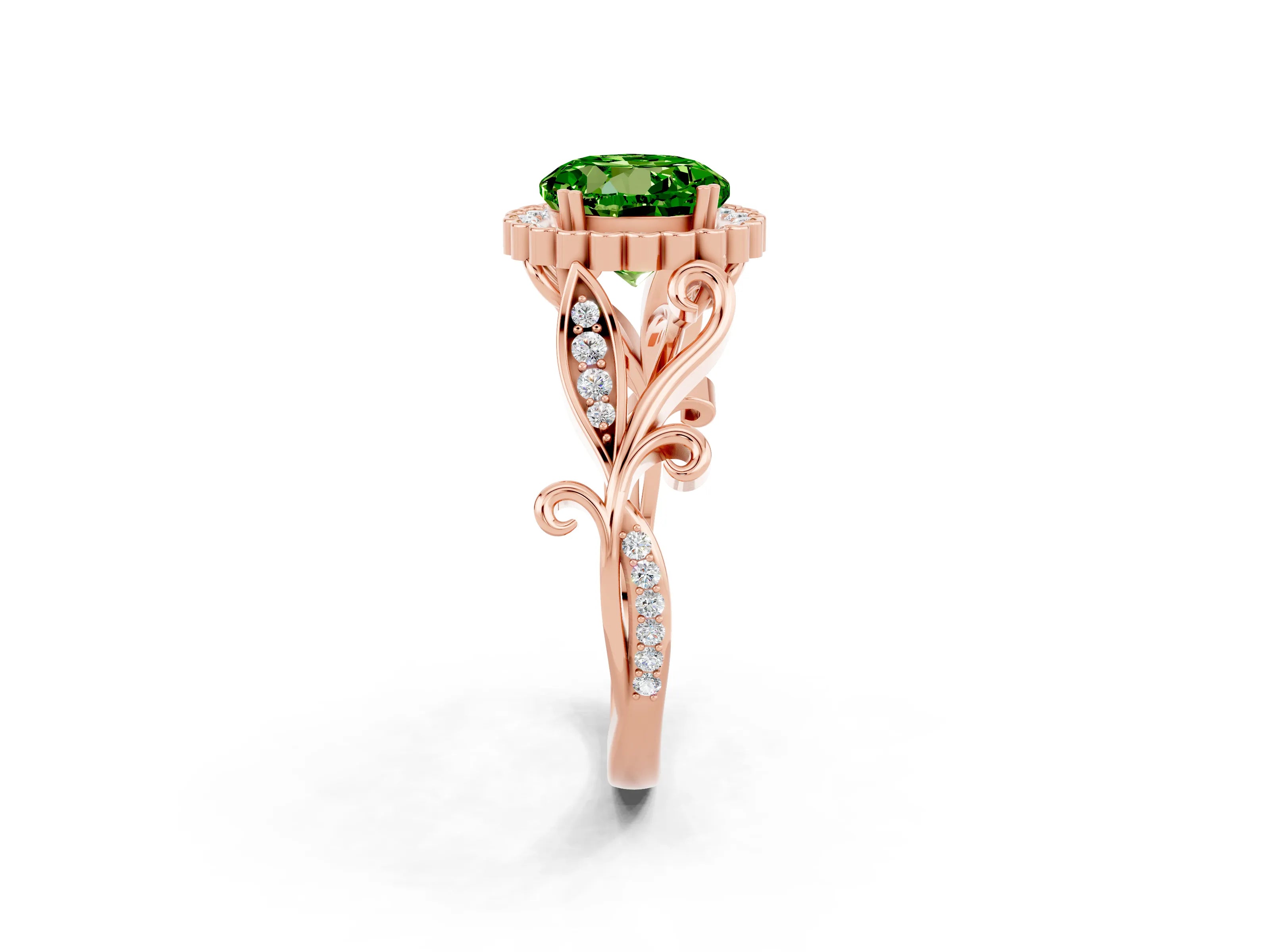 Rose gold Round Cut Peridot Halo Ring with Vintage Split Shank and Four-Prong Setting_35