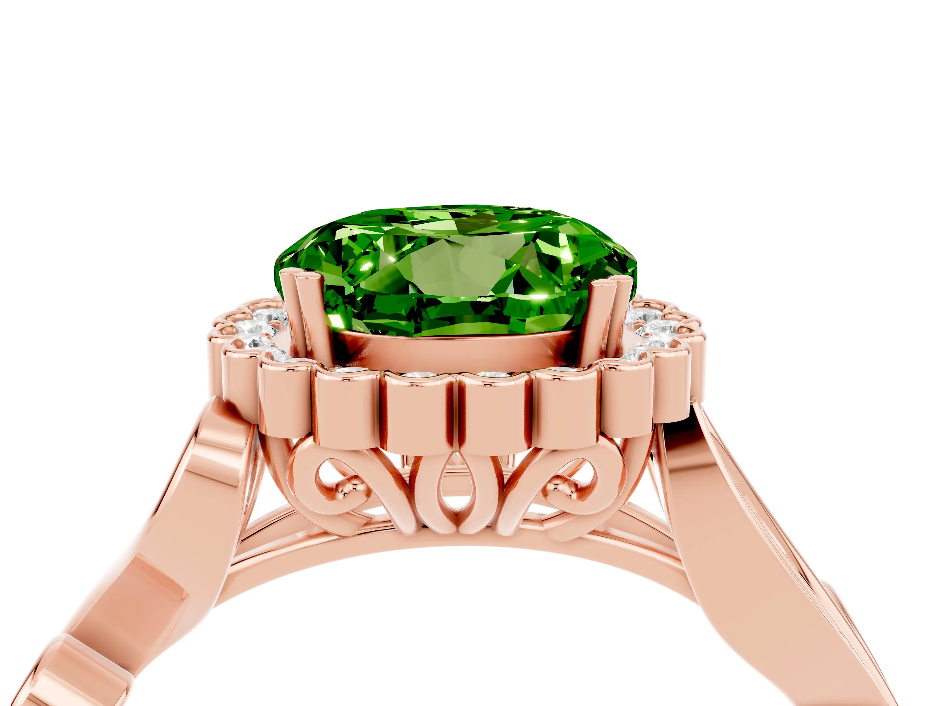 Rose gold Round Cut Peridot Halo Ring with Vintage Split Shank and Four-Prong Setting_37
