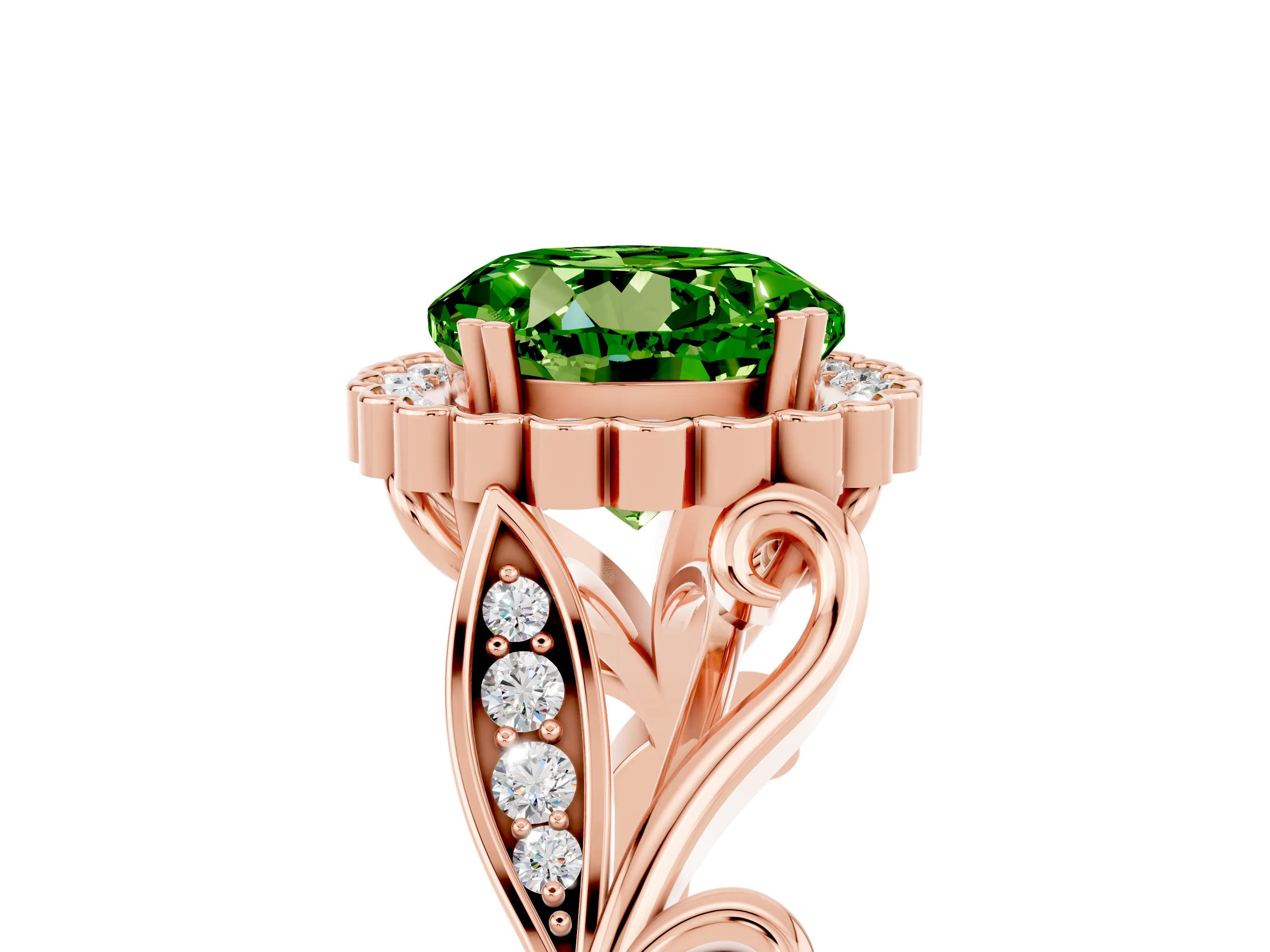 Rose gold Round Cut Peridot Halo Ring with Vintage Split Shank and Four-Prong Setting_38