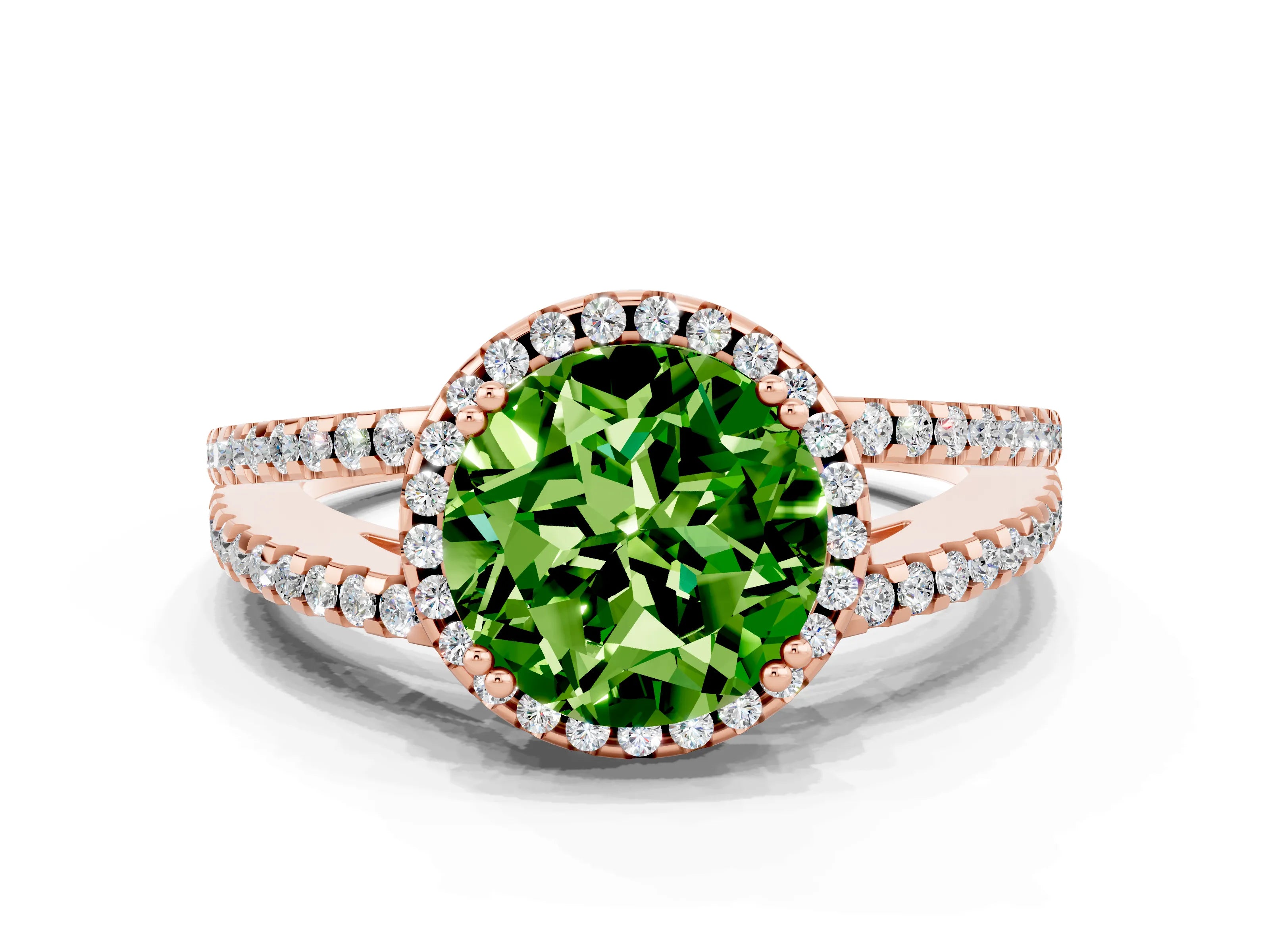 Rose gold Round Cut Peridot Halo Split Shank Engagement Ring_12