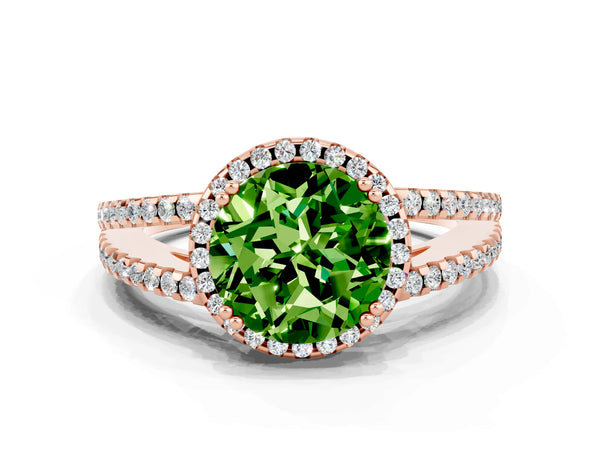 Rose gold Round Cut Peridot Halo Split Shank Engagement Ring