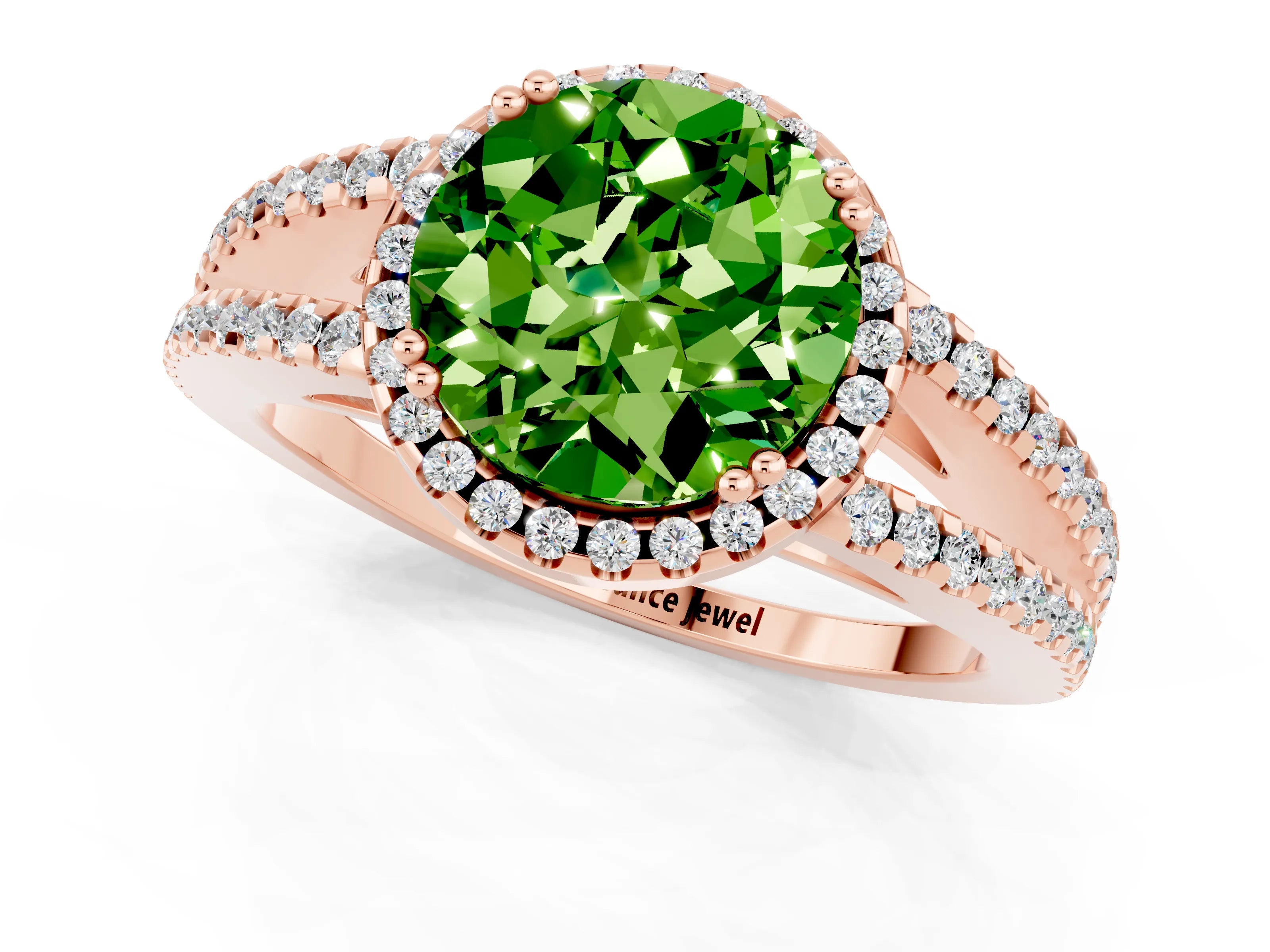 Rose gold Round Cut Peridot Halo Split Shank Engagement Ring_13