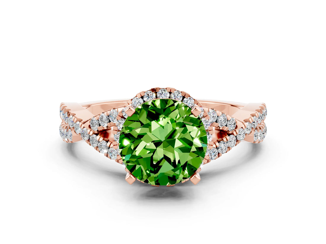 Rose gold Round Cut Peridot  Halo Twist Band Solitaire Prong Setting Ring_36
