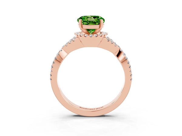 Rose gold Round Cut Peridot  Halo Twist Band Solitaire Prong Setting Ring