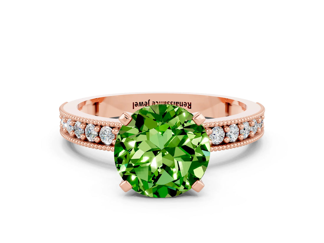 Rose gold Round Cut Peridot Milgrain Pavé Engagement Ring with Four-Prong Setting