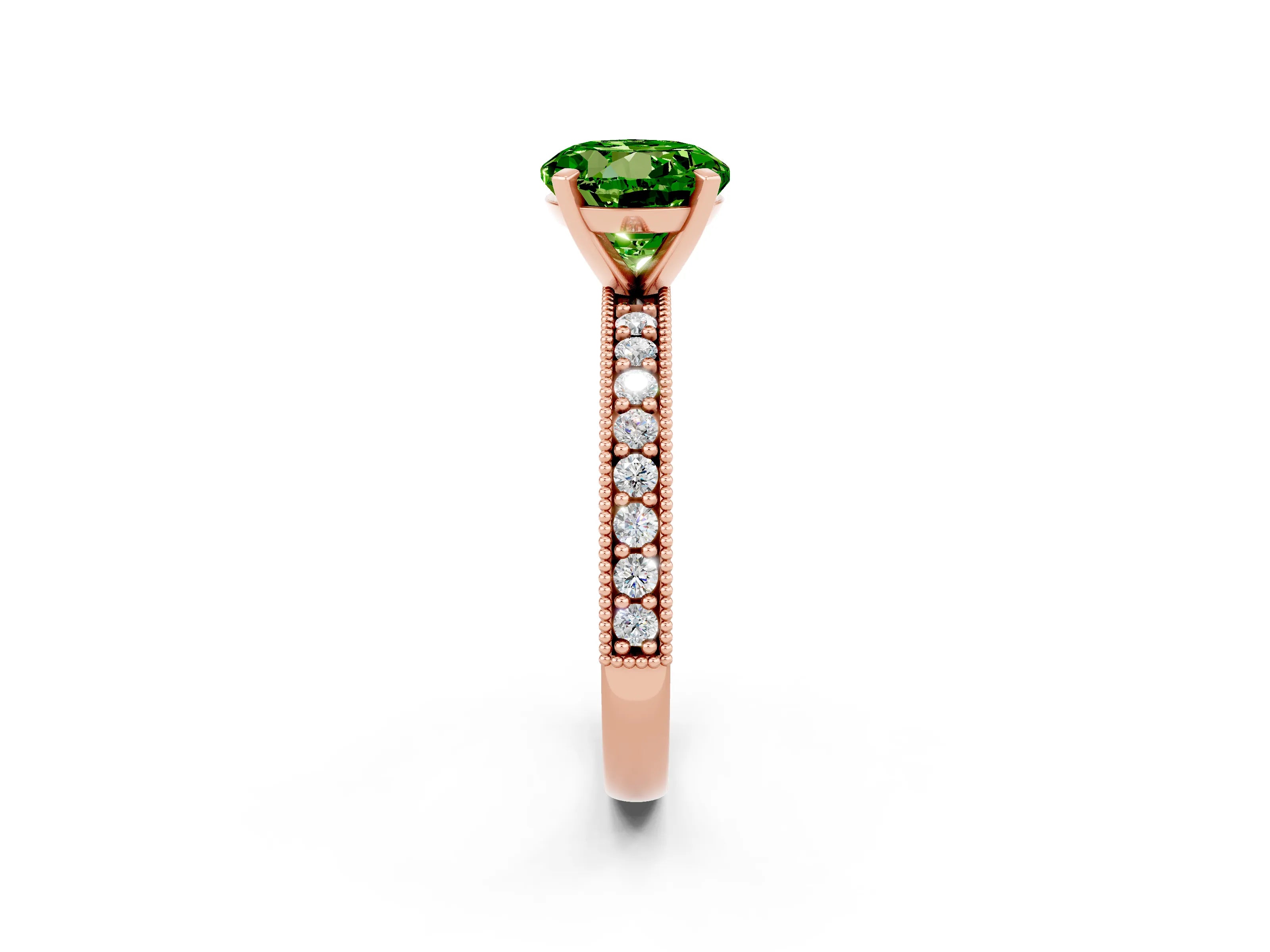 Rose gold Round Cut Peridot Milgrain Pavé Engagement Ring with Four-Prong Setting_2