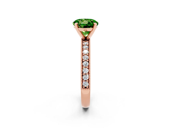 Rose gold Round Cut Peridot Milgrain Pavé Engagement Ring with Four-Prong Setting