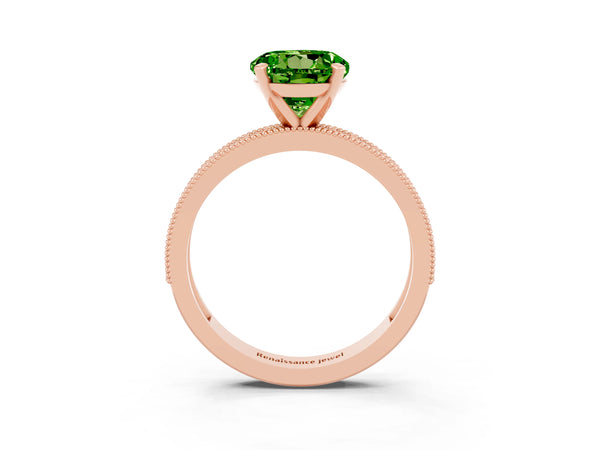 Rose gold Round Cut Peridot Milgrain Pavé Engagement Ring with Four-Prong Setting