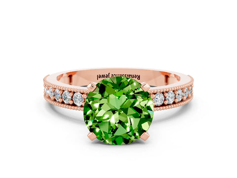 Rose gold Round Cut Peridot Milgrain Pavé Engagement Ring with Four-Prong Setting