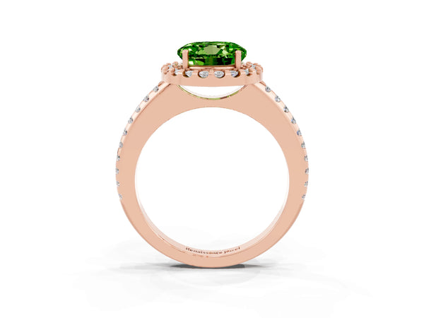 Rose gold Round Cut Peridot Pavé Halo Ring with Four-Prong Setting