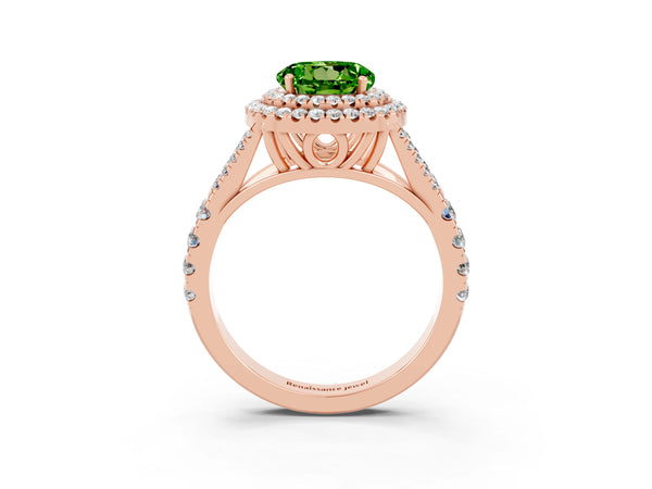 Rose gold Round Cut Peridot Pavé Split Shank Double Halo Engagement Ring