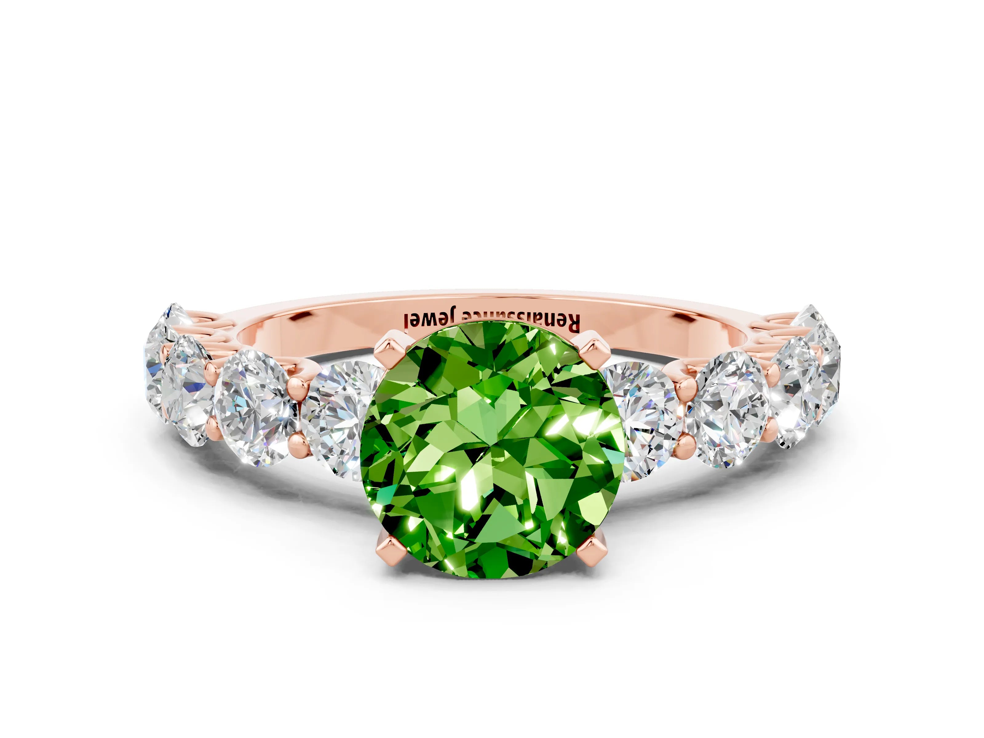 Rose gold Round Cut Peridot Prong Setting with Side Stones on a Pave Band