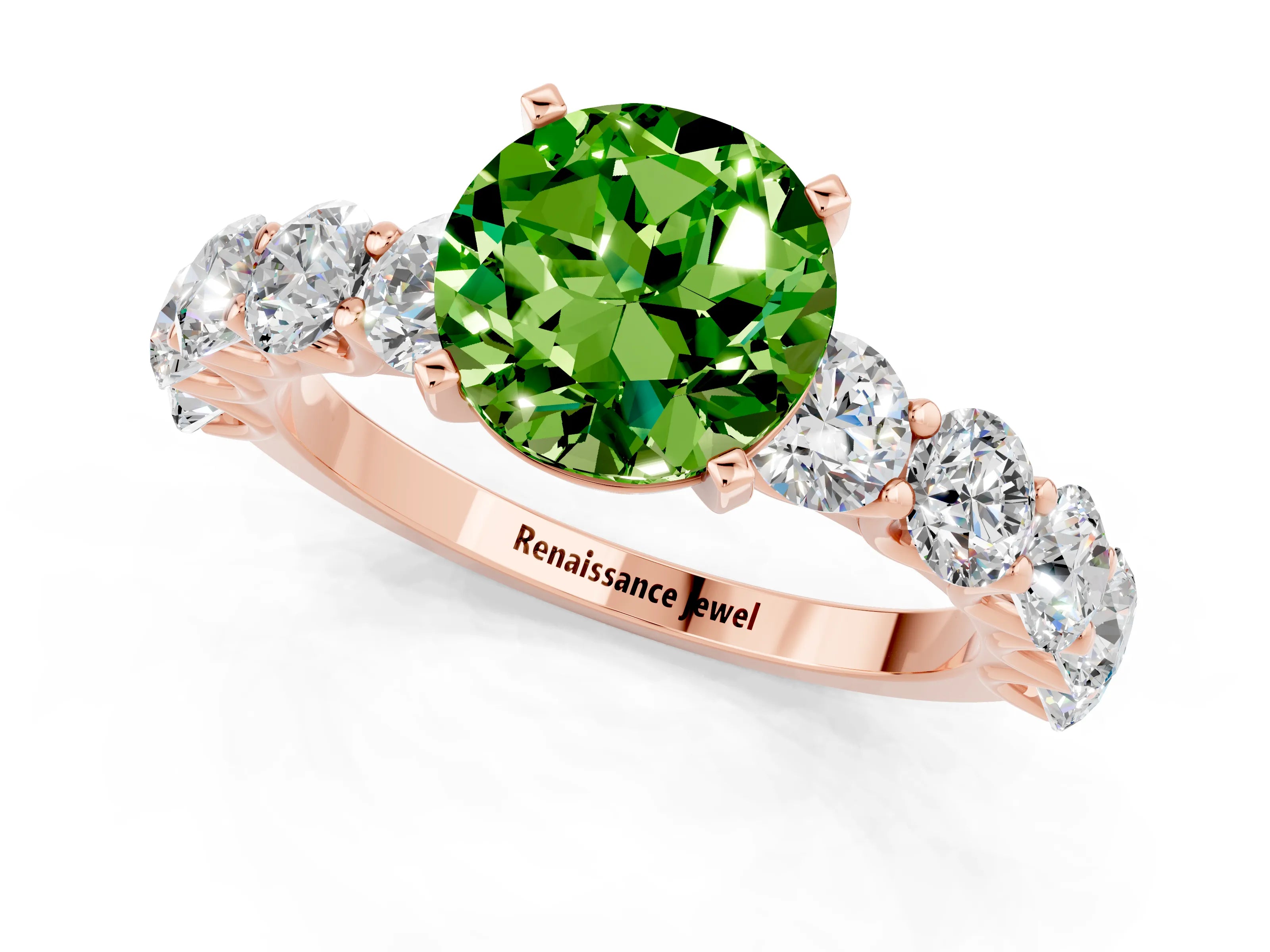 Rose gold Round Cut Peridot Prong Setting with Side Stones on a Pave Band_1