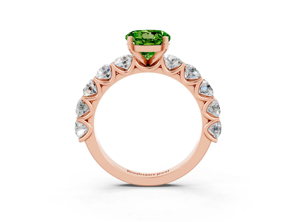Rose gold Round Cut Peridot Prong Setting with Side Stones on a Pave Band