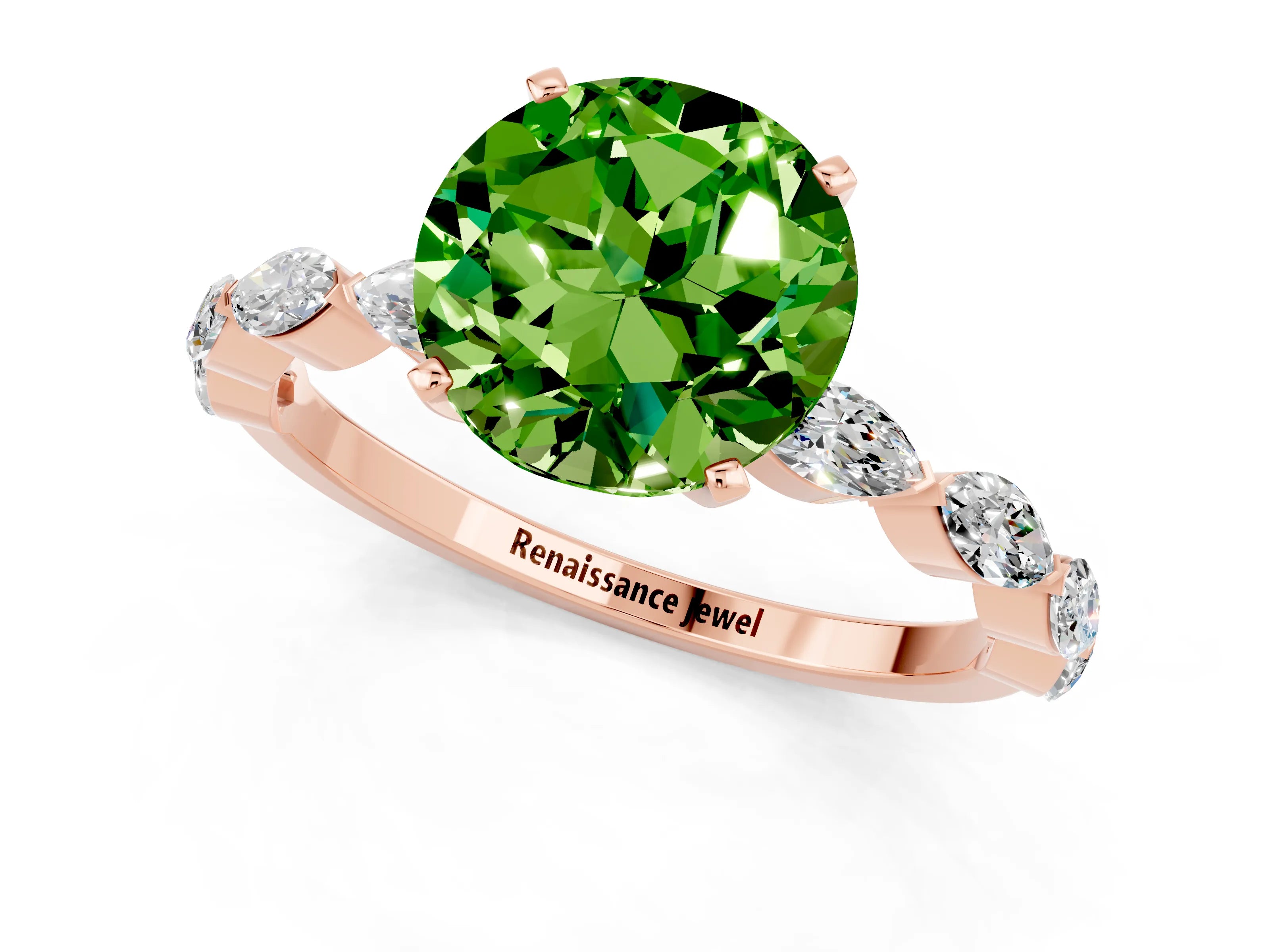 Rose gold Round Cut Peridot Ring with Marquise Side Stones and Prong Setting_1