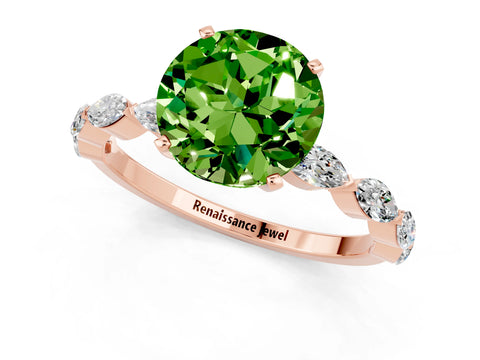 Rose gold Round Cut Peridot Ring with Marquise Side Stones and Prong Setting_1
