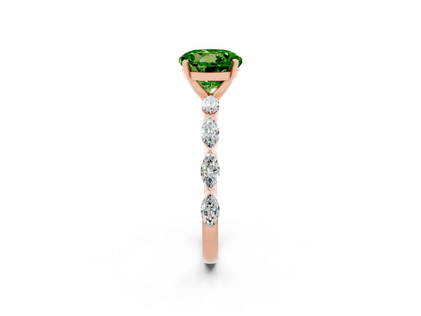 Rose gold Round Cut Peridot Ring with Marquise Side Stones and Prong Setting