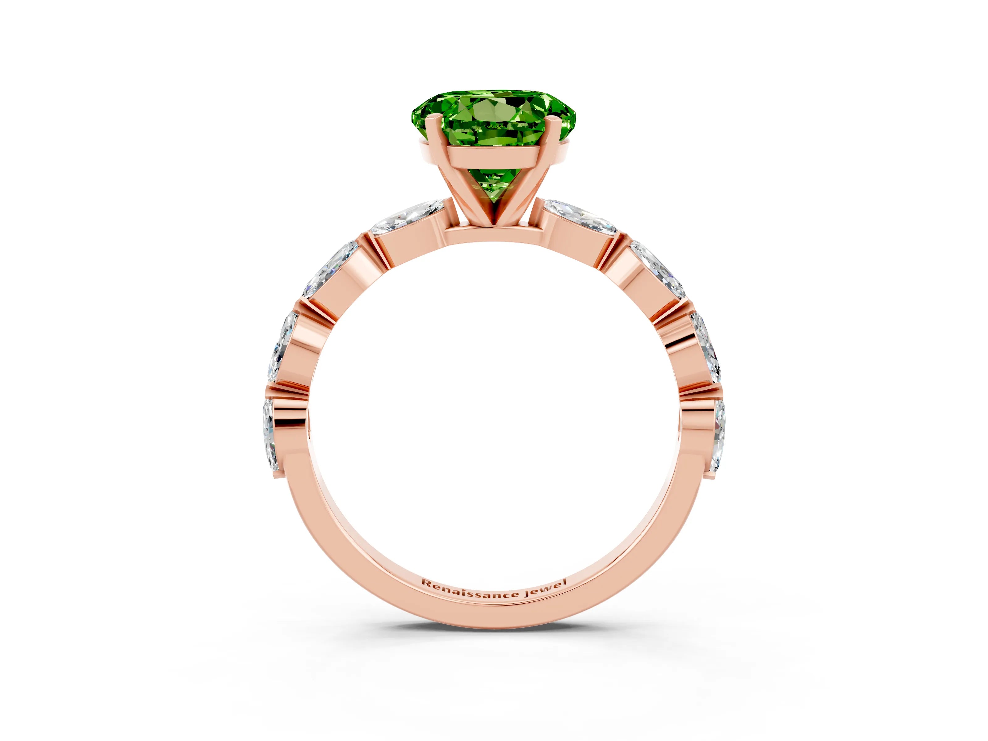 Rose gold Round Cut Peridot Ring with Marquise Side Stones and Prong Setting_3