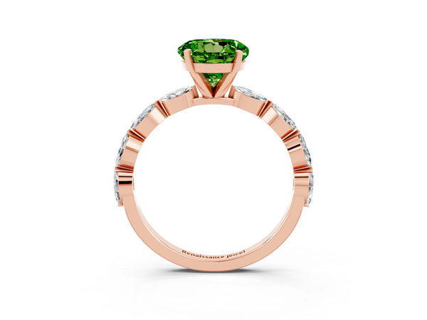 Rose gold Round Cut Peridot Ring with Marquise Side Stones and Prong Setting