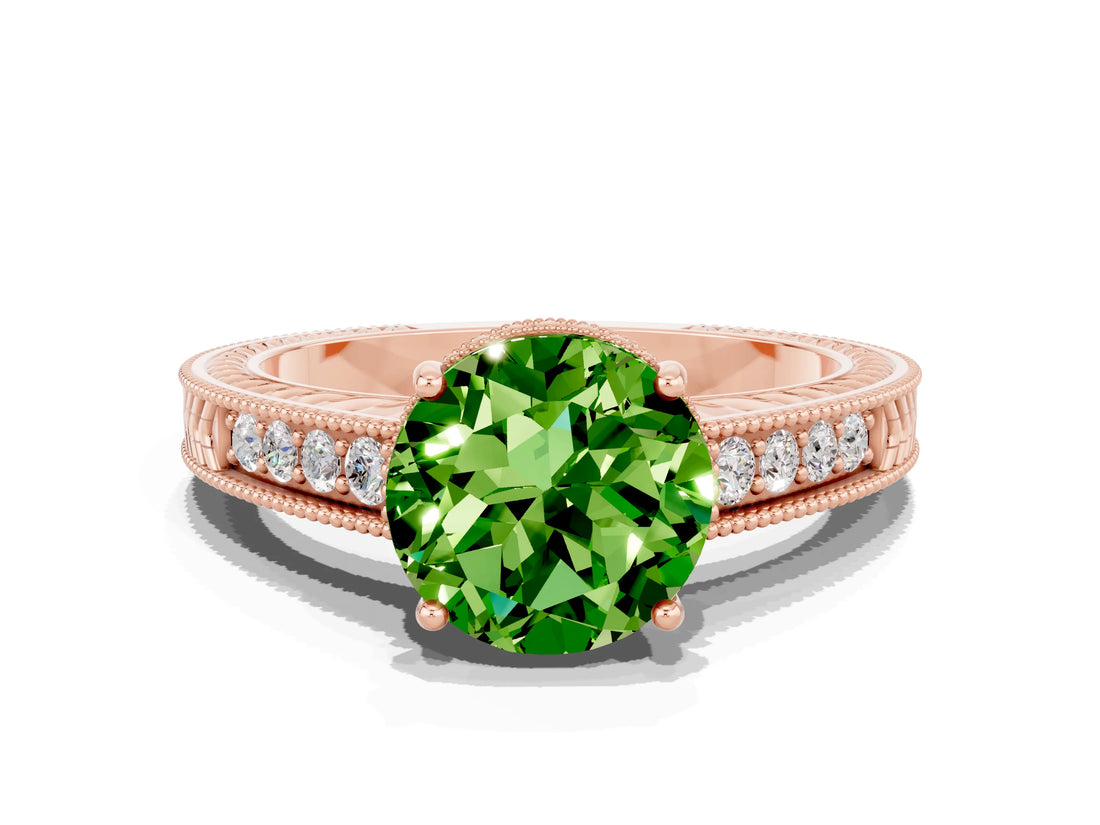 Rose gold Round Cut Peridot Ring with Milgrain Pavé Band and Four-Prong Setting_12