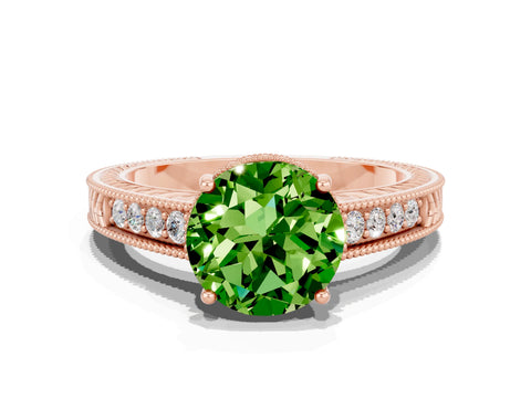 Rose gold Round Cut Peridot Ring with Milgrain Pavé Band and Four-Prong Setting_12