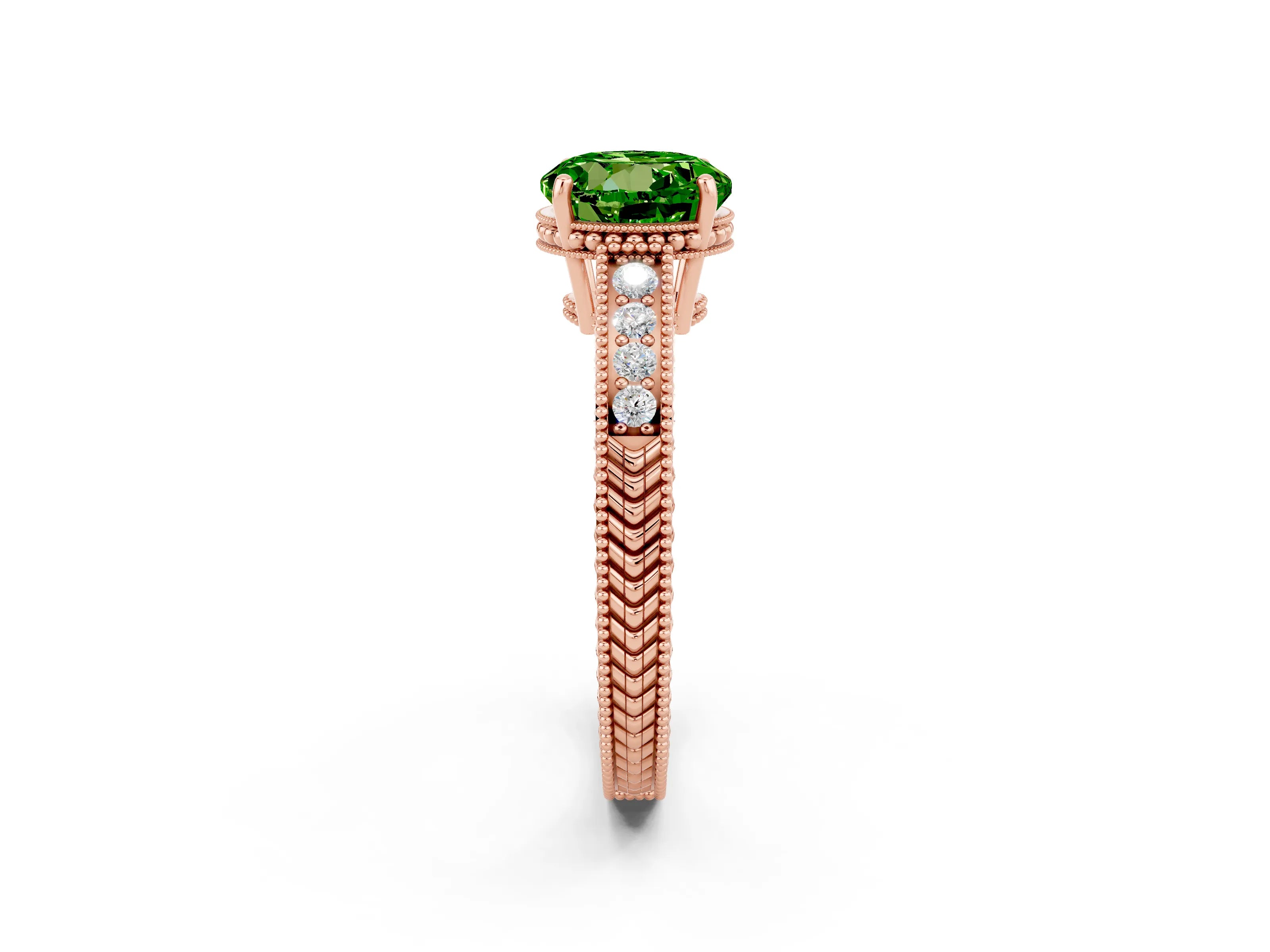 Rose gold Round Cut Peridot Ring with Milgrain Pavé Band and Four-Prong Setting_14