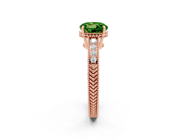Rose gold Round Cut Peridot Ring with Milgrain Pavé Band and Four-Prong Setting