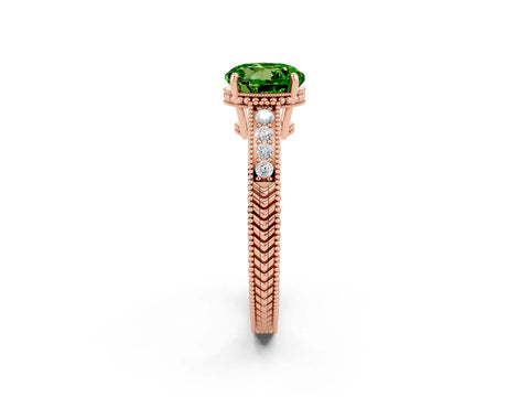 Rose gold Round Cut Peridot Ring with Milgrain Pavé Band and Four-Prong Setting_14