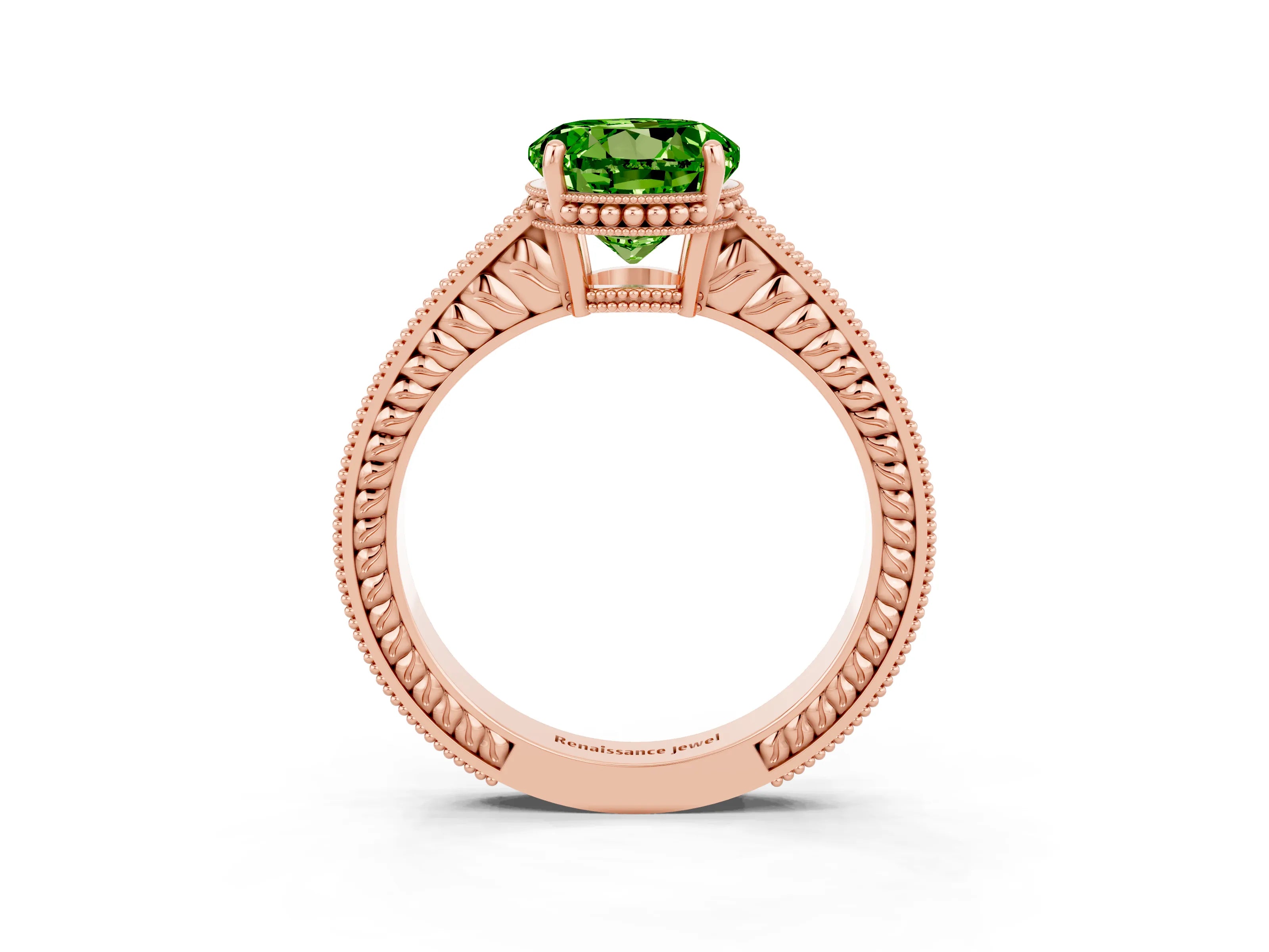 Rose gold Round Cut Peridot Ring with Milgrain Pavé Band and Four-Prong Setting_15