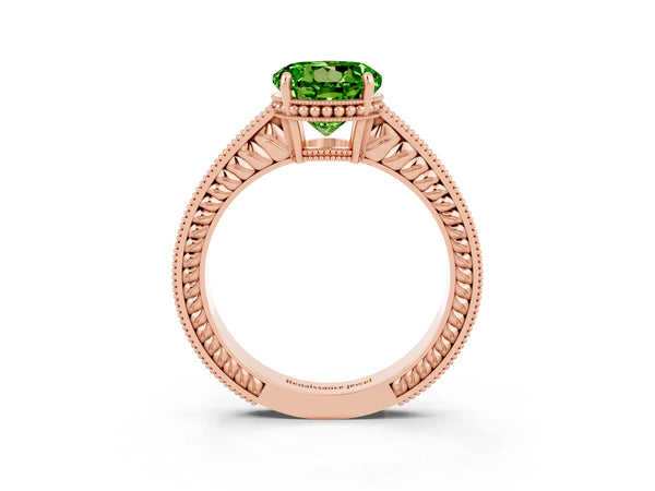 Rose gold Round Cut Peridot Ring with Milgrain Pavé Band and Four-Prong Setting