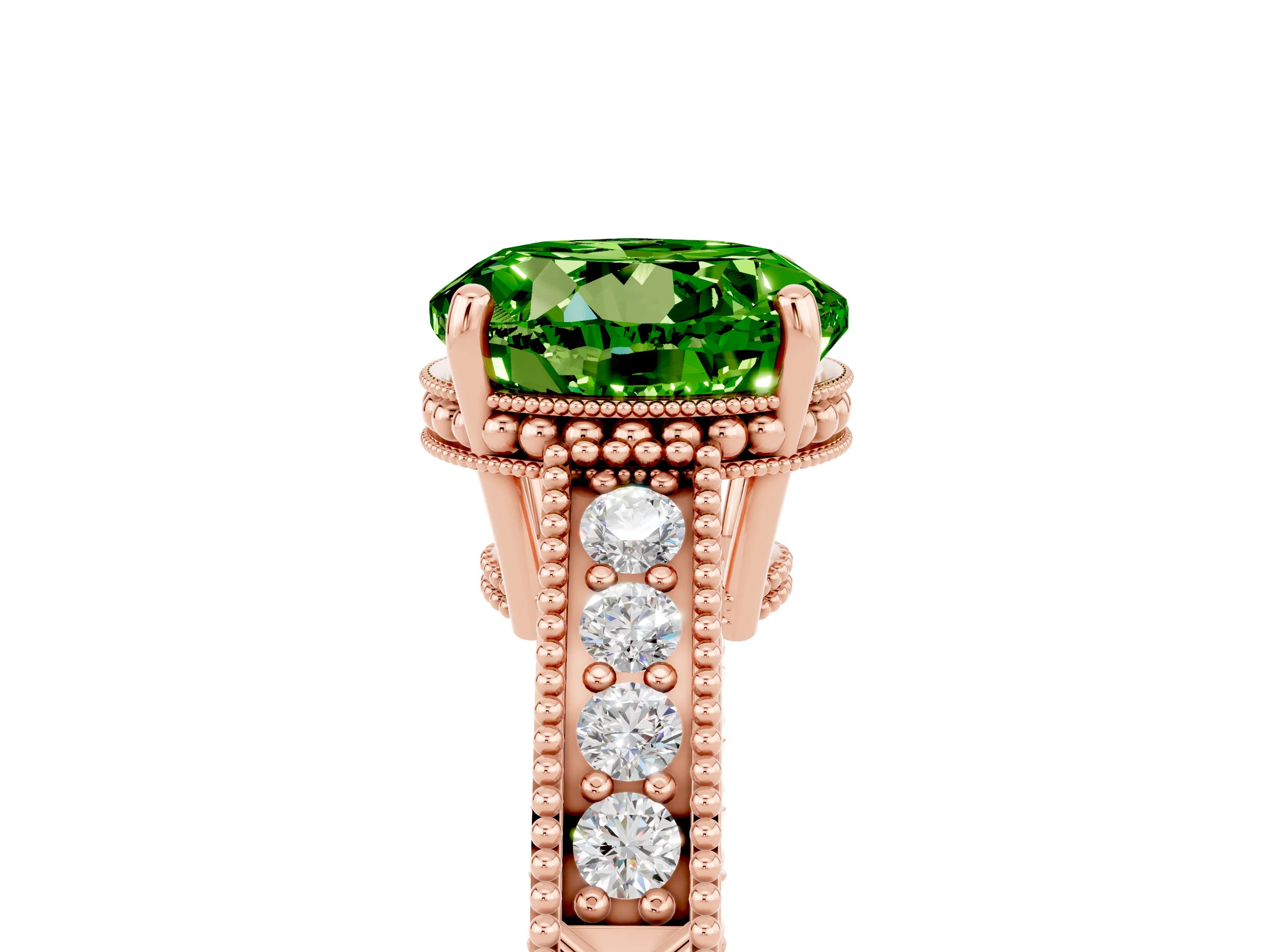 Rose gold Round Cut Peridot Ring with Milgrain Pavé Band and Four-Prong Setting_17