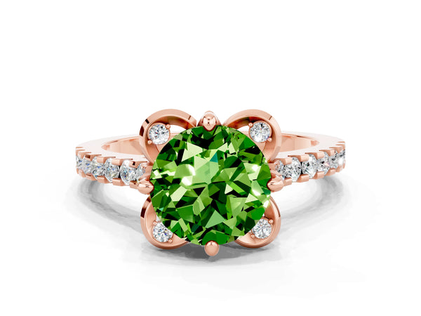Rose gold Round Cut Peridot Ring with Pavé Band and Floral Prong Setting