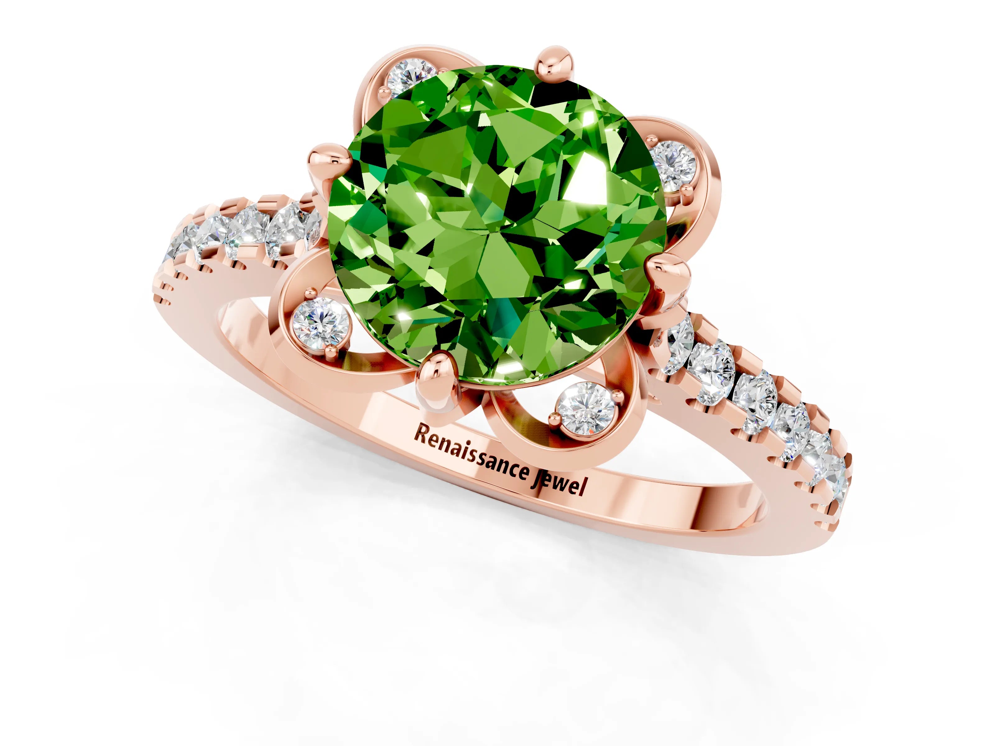 Rose gold Round Cut Peridot Ring with Pavé Band and Floral Prong Setting_1