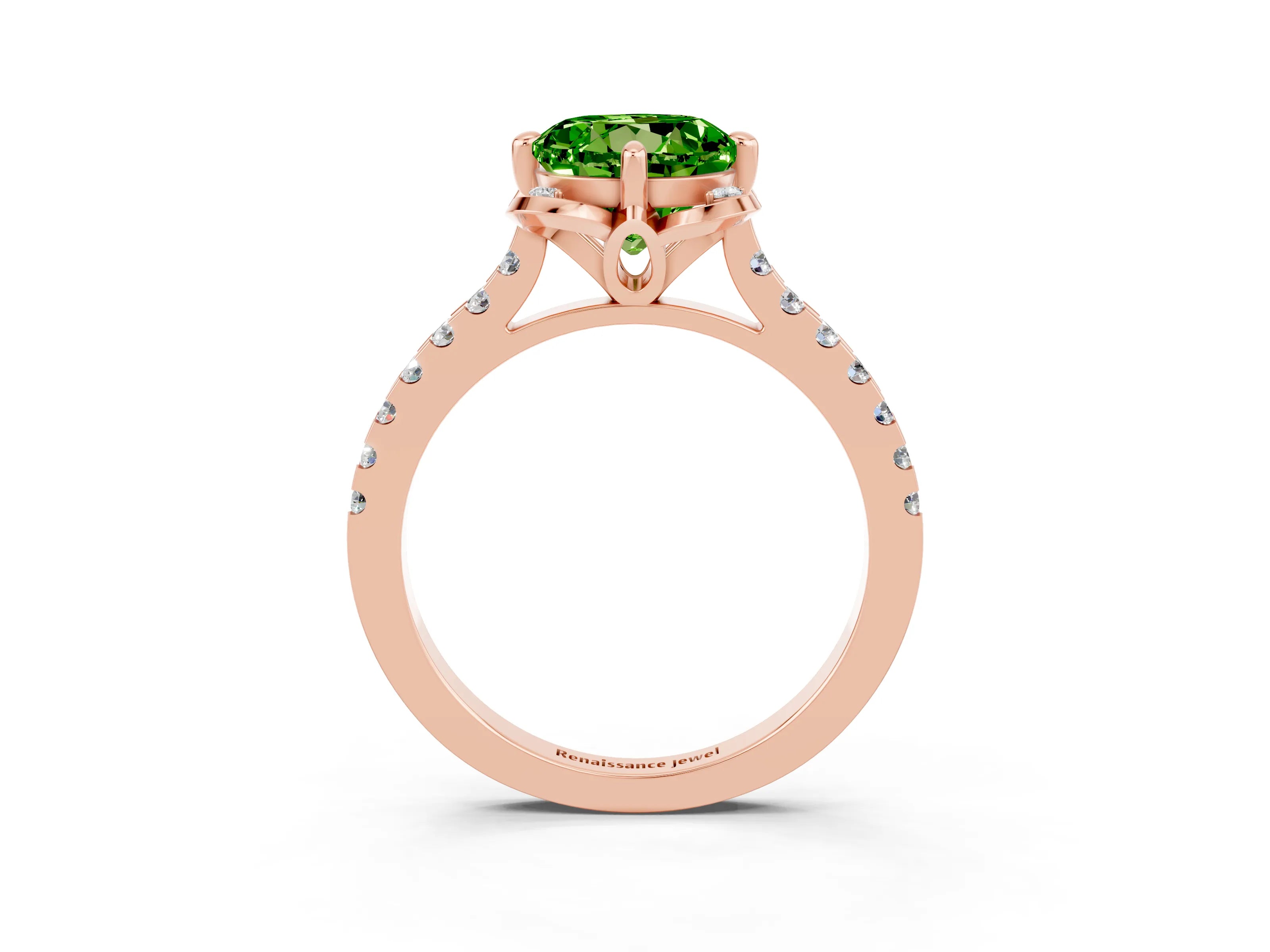 Rose gold Round Cut Peridot Ring with Pavé Band and Floral Prong Setting_3