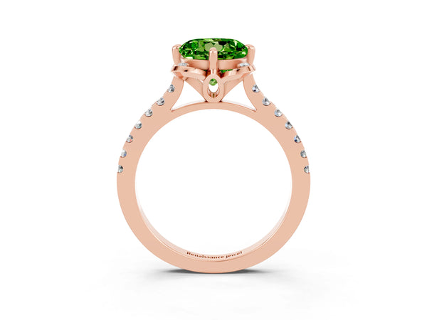 Rose gold Round Cut Peridot Ring with Pavé Band and Floral Prong Setting