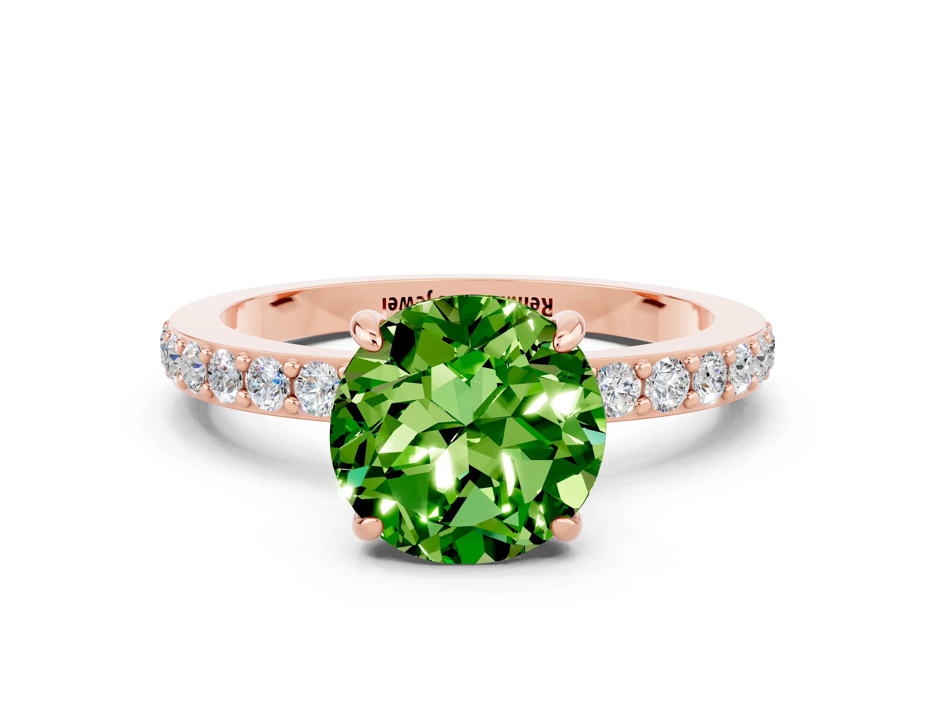 Rose gold Round Cut Peridot Ring with Pavé Band and Four-Prong Setting