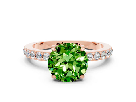 Rose gold Round Cut Peridot Ring with Pavé Band and Four-Prong Setting