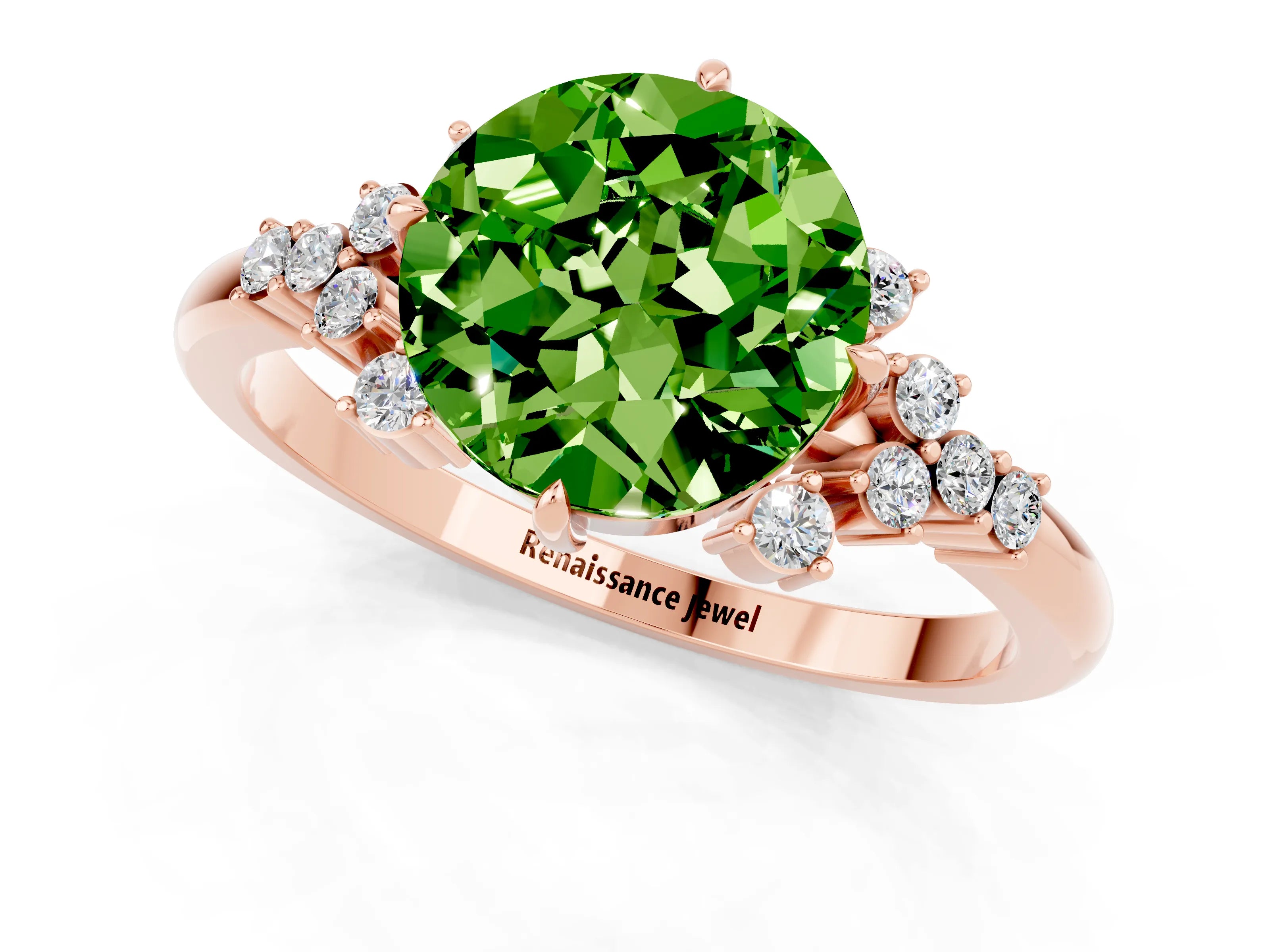 Rose gold Round Cut Peridot Ring with Side Stones and Four-Prong Setting_37