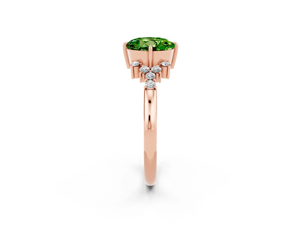 Rose gold Round Cut Peridot Ring with Side Stones and Four-Prong Setting