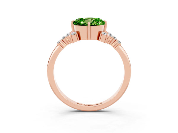 Rose gold Round Cut Peridot Ring with Side Stones and Four-Prong Setting