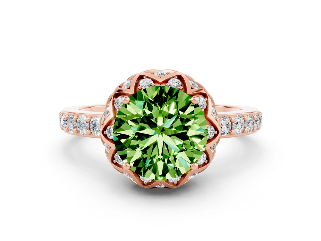 Rose gold Round Cut Peridot Scalloped Halo Engagement Ring with Round Shared Prong Band_36