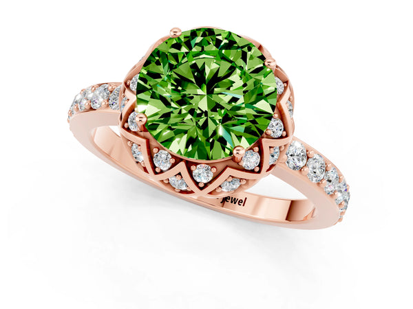 Rose gold Round Cut Peridot Scalloped Halo Engagement Ring with Round Shared Prong Band