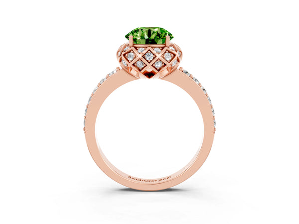 Rose gold Round Cut Peridot Scalloped Halo Engagement Ring with Round Shared Prong Band